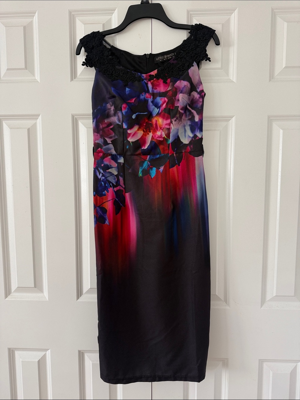 Little Mistress Black Floral-Print Midi Dress with Lace Neckline Back Zip Fitted